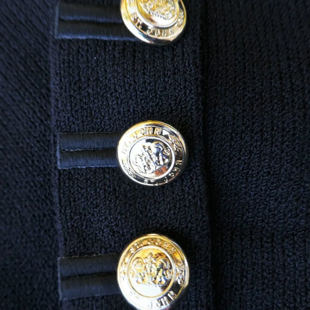 St John Basics Blazer Jacket Black Santana Knit Logo Gold Buttons Pockets USA 6 - Picture 4 of 10